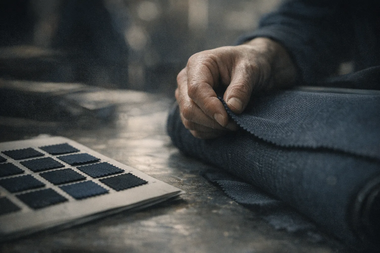 A hand checking a roll of fabric beside colour swatches