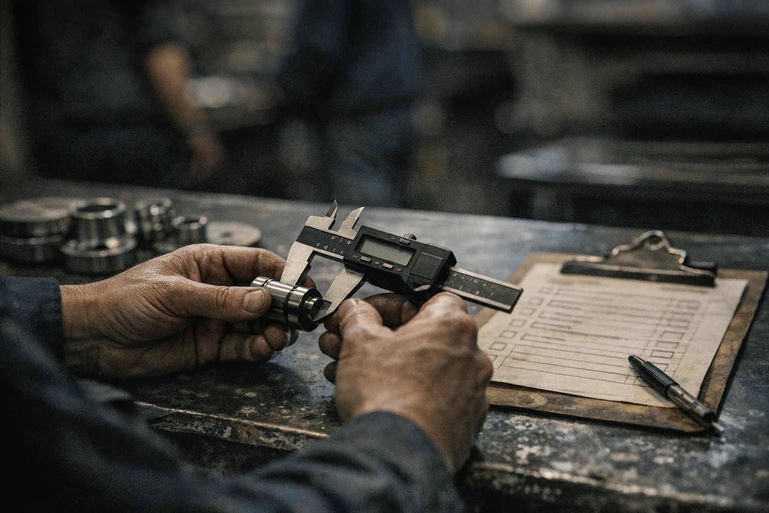 An inspector measuring a part with calipers