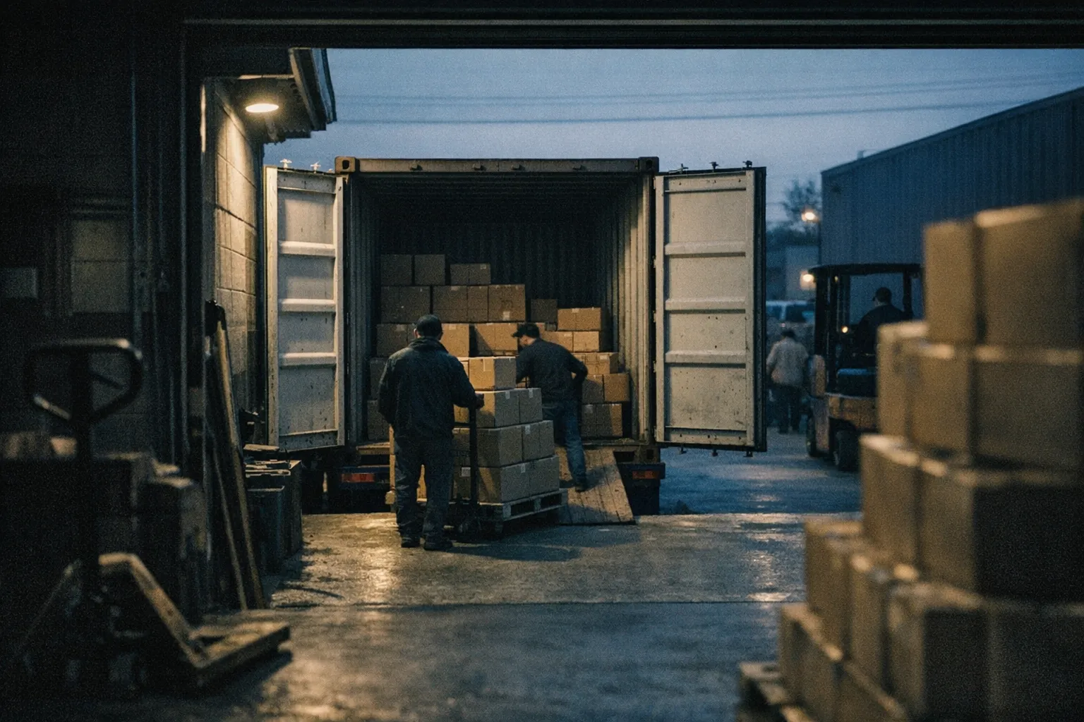 A container being loaded at night